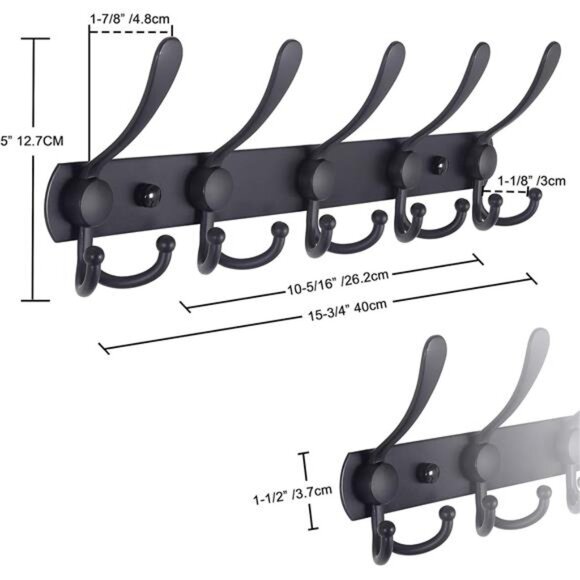 Coat Rack Wall Mounted - 5 Tri Hooks, Heavy Duty, Stainless Steel, Metal - Picture 3 of 14
